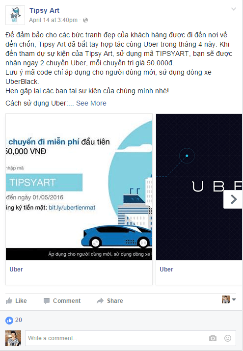 Nội dung truyền tải hấp dẫn về chương trình khuyến mãi Uber (Nguồn: Facebook)